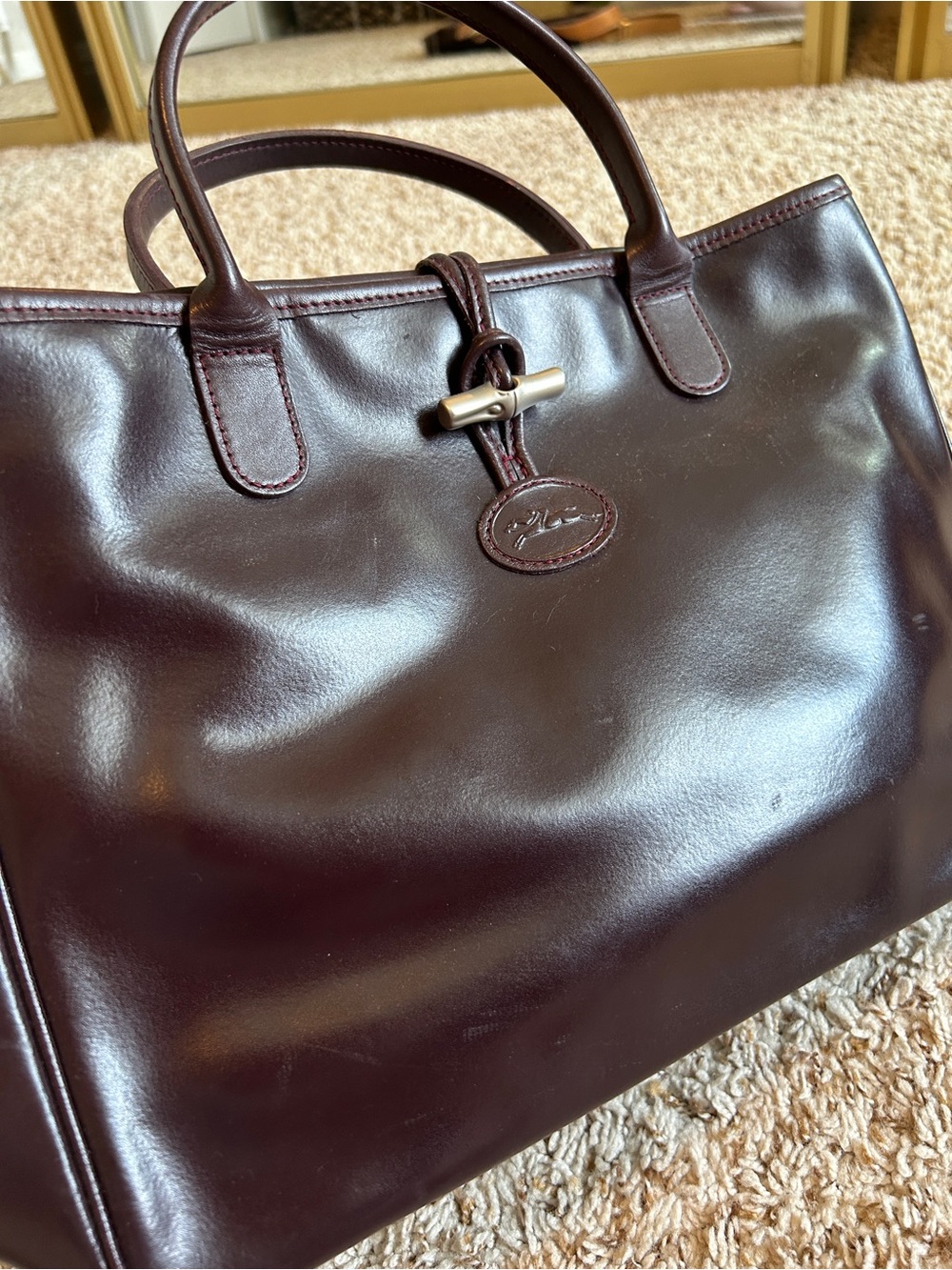 Longchamp Le Roseau Burgundy Brown Leather Handbag Silver Bamboo Clasp Vintage - Picture 2 of 15